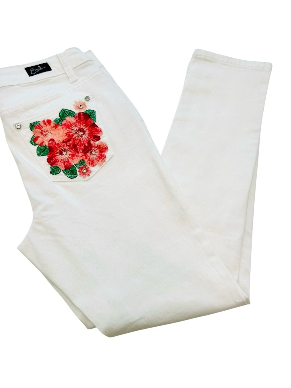 Earl Jeans White Skinny Jeans with Floral Embroidered & crystal Back Pocket Sz 6